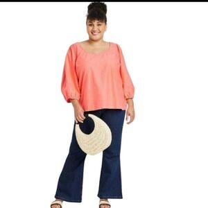 Women's Plus Size Balloon 3/4 Sleeve Blouse Coral -Ava & Viv